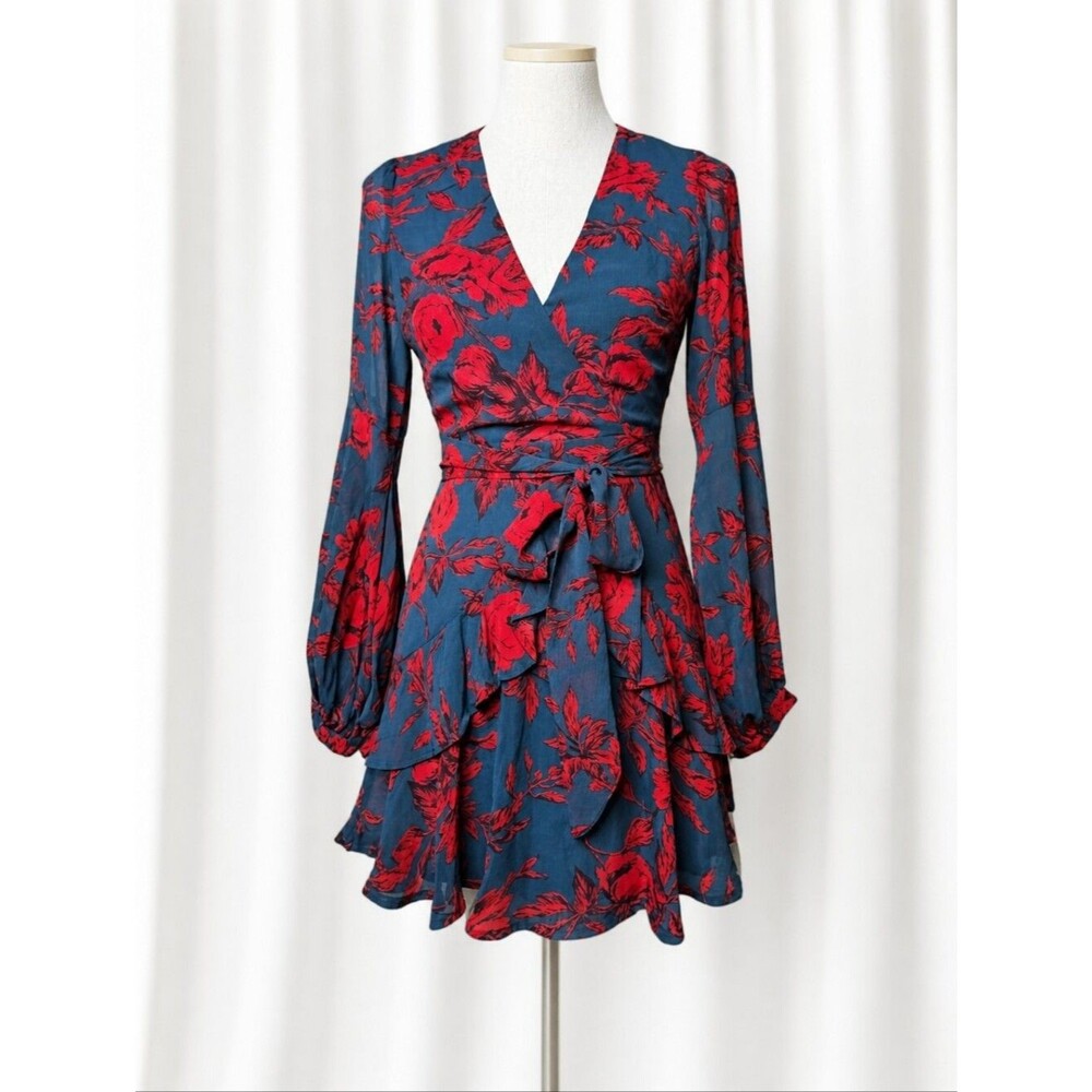 Selfie Leslie Kerry Teal Blue Red Balloon Sleeve Wrap Tiered Ruffle Mini Dress